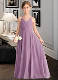 Mariam A-Line V-neck Floor-Length Chiffon Junior Bridesmaid Dress With Cascading Ruffles STKP0013644