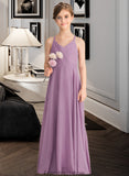 Mariam A-Line V-neck Floor-Length Chiffon Junior Bridesmaid Dress With Cascading Ruffles STKP0013644