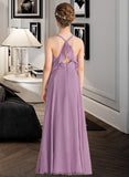 Mariam A-Line V-neck Floor-Length Chiffon Junior Bridesmaid Dress With Cascading Ruffles STKP0013644