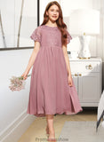 Fatima A-Line Scoop Neck Tea-Length Chiffon Lace Junior Bridesmaid Dress STKP0013648