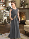 Jaslyn A-Line V-neck Floor-Length Chiffon Junior Bridesmaid Dress With Ruffle Beading STKP0013653