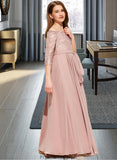 Kaitlynn A-Line Off-the-Shoulder Floor-Length Chiffon Lace Junior Bridesmaid Dress With Bow(s) STKP0013658