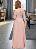 Kaitlynn A-Line Off-the-Shoulder Floor-Length Chiffon Lace Junior Bridesmaid Dress With Bow(s) STKP0013658