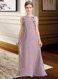 Margery A-Line Scoop Neck Floor-Length Chiffon Junior Bridesmaid Dress With Bow(s) Cascading Ruffles STKP0013659