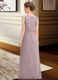 Margery A-Line Scoop Neck Floor-Length Chiffon Junior Bridesmaid Dress With Bow(s) Cascading Ruffles STKP0013659