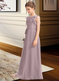 Margery A-Line Scoop Neck Floor-Length Chiffon Junior Bridesmaid Dress With Bow(s) Cascading Ruffles STKP0013659