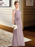 Margery A-Line Scoop Neck Floor-Length Chiffon Junior Bridesmaid Dress With Bow(s) Cascading Ruffles STKP0013659