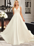 Lauryn A-Line V-neck Sweep Train Chiffon Lace Wedding Dress With Lace STKP0013677