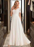 Gina A-Line V-neck Floor-Length Chiffon Lace Wedding Dress STKP0013678