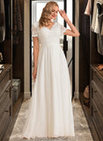 Gina A-Line V-neck Floor-Length Chiffon Lace Wedding Dress STKP0013678