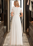 Gina A-Line V-neck Floor-Length Chiffon Lace Wedding Dress STKP0013678