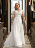 Gina A-Line V-neck Floor-Length Chiffon Lace Wedding Dress STKP0013678