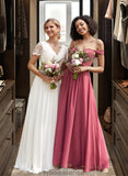 Gina A-Line V-neck Floor-Length Chiffon Lace Wedding Dress STKP0013678