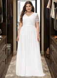 Gina A-Line V-neck Floor-Length Chiffon Lace Wedding Dress STKP0013678