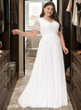 Gina A-Line V-neck Floor-Length Chiffon Lace Wedding Dress STKP0013678