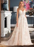 Bailey Ball-Gown/Princess V-neck Court Train Tulle Lace Wedding Dress With Beading Pockets STKP0013679