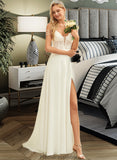 Erin A-Line V-neck Sweep Train Chiffon Lace Wedding Dress With Beading Sequins STKP0013681