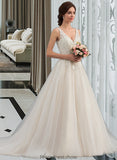 Vivien Ball-Gown/Princess V-neck Court Train Tulle Wedding Dress STKP0013682