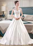 Baylee Ball-Gown/Princess V-neck Court Train Satin Lace Wedding Dress With Ruffle STKP0013688