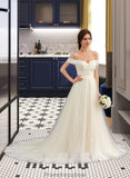 Salome Ball-Gown/Princess Off-the-Shoulder Court Train Tulle Lace Wedding Dress With Ruffle STKP0013692