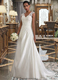 Bianca Ball-Gown/Princess V-neck Sweep Train Satin Wedding Dress With Ruffle Beading Sequins STKP0013693