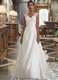 Bianca Ball-Gown/Princess V-neck Sweep Train Satin Wedding Dress With Ruffle Beading Sequins STKP0013693