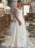 Bianca Ball-Gown/Princess V-neck Sweep Train Satin Wedding Dress With Ruffle Beading Sequins STKP0013693