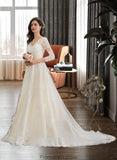 Dayami Ball-Gown/Princess V-neck Chapel Train Tulle Wedding Dress With Beading Sequins STKP0013695