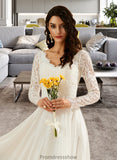 Emmy A-Line V-neck Sweep Train Wedding Dress With Lace STKP0013696