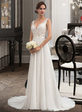 Amelia A-Line V-neck Court Train Chiffon Wedding Dress STKP0013701