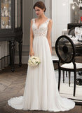 Amelia A-Line V-neck Court Train Chiffon Wedding Dress STKP0013701