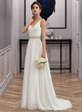 Alisha A-Line V-neck Sweep Train Chiffon Wedding Dress With Ruffle Lace Beading Sequins STKP0013705