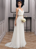 Alisha A-Line V-neck Sweep Train Chiffon Wedding Dress With Ruffle Lace Beading Sequins STKP0013705