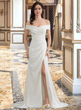 Felicity Sheath/Column Off-the-Shoulder Sweep Train Stretch Crepe Wedding Dress With Ruffle Split Front STKP0013707