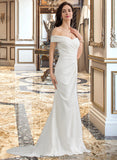 Felicity Sheath/Column Off-the-Shoulder Sweep Train Stretch Crepe Wedding Dress With Ruffle Split Front STKP0013707