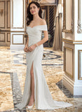 Felicity Sheath/Column Off-the-Shoulder Sweep Train Stretch Crepe Wedding Dress With Ruffle Split Front STKP0013707