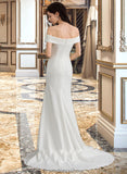 Felicity Sheath/Column Off-the-Shoulder Sweep Train Stretch Crepe Wedding Dress With Ruffle Split Front STKP0013707