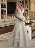 Skylar A-Line V-neck Court Train Tulle Lace Wedding Dress With Beading Sequins STKP0013709