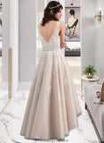 Joy A-Line V-neck Asymmetrical Tulle Lace Wedding Dress With Bow(s) STKP0013717