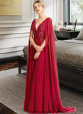 Janae A-Line V-neck Floor-Length Chiffon Wedding Dress With Sequins STKP0013718