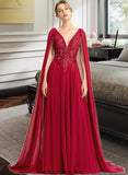 Janae A-Line V-neck Floor-Length Chiffon Wedding Dress With Sequins STKP0013718