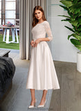 Mimi A-Line Scoop Neck Tea-Length Wedding Dress With Pockets STKP0013723