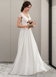 Ximena A-Line V-neck Floor-Length Chiffon Lace Wedding Dress With Ruffle STKP0013729