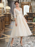 Amina Ball-Gown/Princess V-neck Tea-Length Tulle Wedding Dress STKP0013731