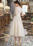 Amina Ball-Gown/Princess V-neck Tea-Length Tulle Wedding Dress STKP0013731