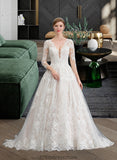 Saige Ball-Gown/Princess V-neck Chapel Train Tulle Wedding Dress STKP0013735