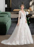 Saige Ball-Gown/Princess V-neck Chapel Train Tulle Wedding Dress STKP0013735