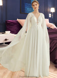 Melany A-Line V-neck Floor-Length Chiffon Lace Wedding Dress With Sequins STKP0013736