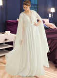 Melany A-Line V-neck Floor-Length Chiffon Lace Wedding Dress With Sequins STKP0013736