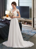 Ellen A-Line V-neck Sweep Train Chiffon Wedding Dress With Ruffle STKP0013761